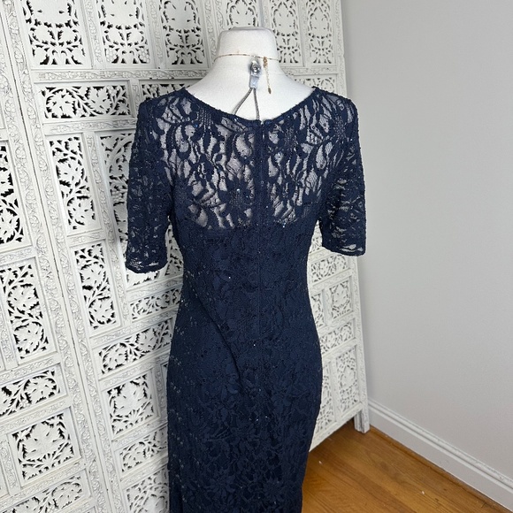 Decode 1.8 Navy Blue Lace Ruched Sequin Fairycore Flowy Long Formal Gown Sz 10 - Picture 5 of 7